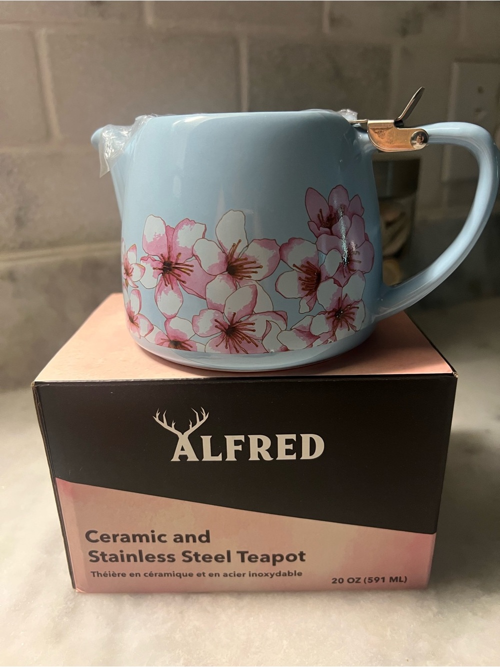 Alfred Blue Ceramic Teapot with Pink Cherry Blossom Design